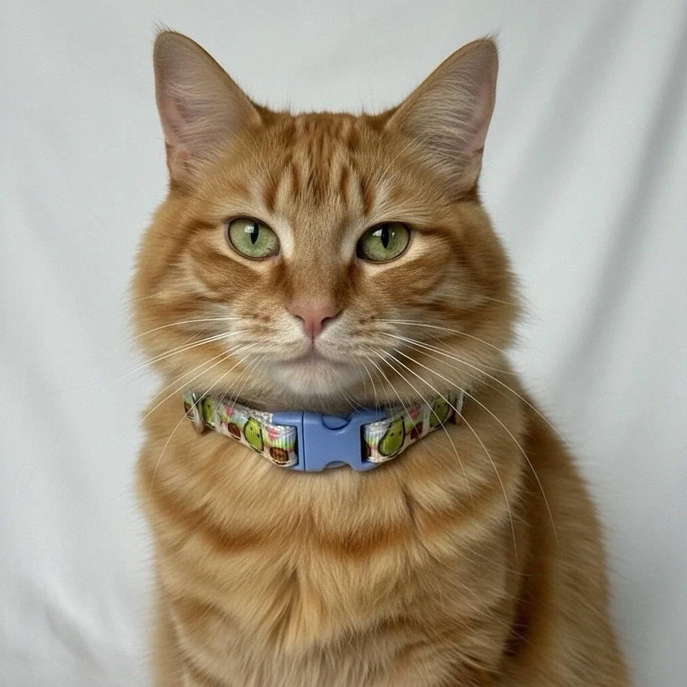 Mini Strawberries On White Handmade, Safety Cat Collar  Unisex  Blue Buckle